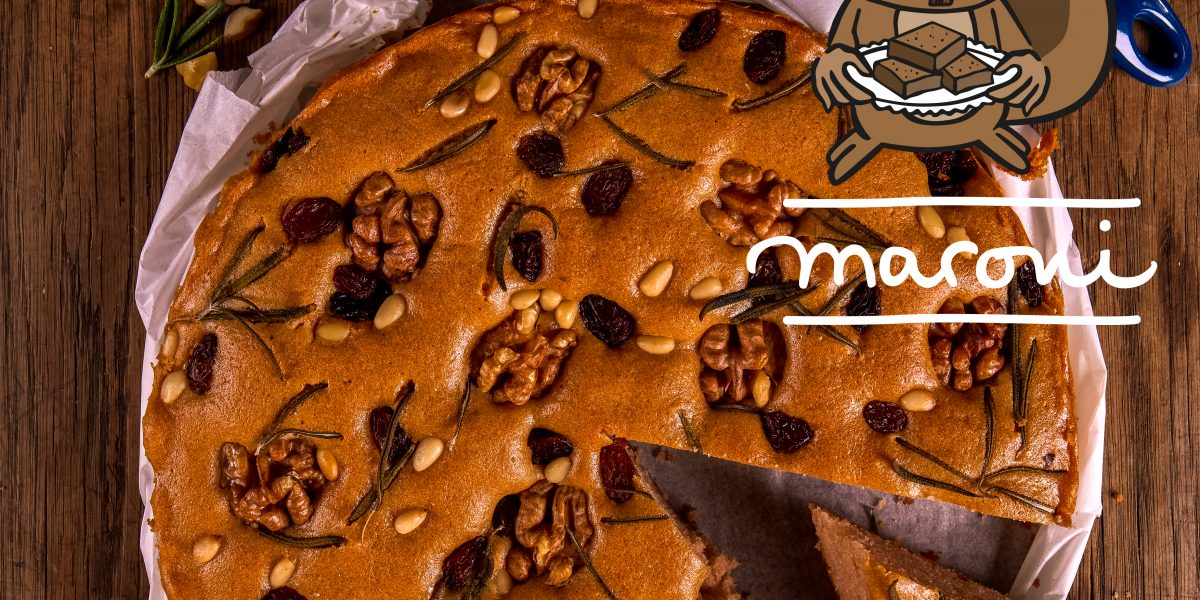 Maroni. Titelbild mit Maronenkuchen und Logo